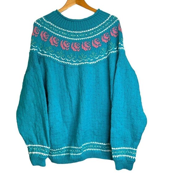 Handmade Knit Oversized Mock Neck Medium Weight Spring Sweater Floral Design - Picture 4 of 4